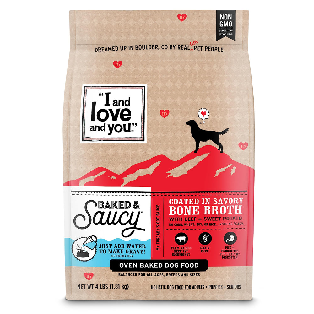 I AND LOVE AND YOU heart-shaped beef-sweet-potato kibble supports protein for active dogs.