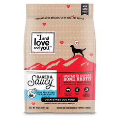 I AND LOVE AND YOU heart-shaped beef-sweet-potato kibble supports protein for active dogs.