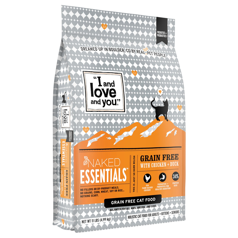 I and Love and You Naked Essentials dry cat food bag—convenient 11lb packaging for daily feeding.