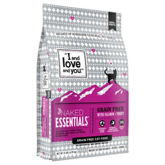 I and love and you Naked Essentials salmon-trout kibble bag highlighting protein-rich recipe