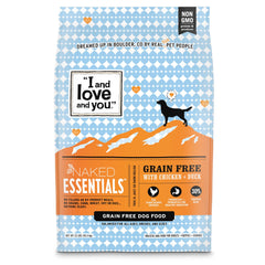 I and Love and You Naked Essentials bag front with grain free promise for dogs