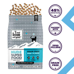 I and love and you Nude dry cat food whitefish and chicken ingredients close-up, protein-rich.