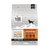 I and love and you Nude Super Food kibble bag featuring turkey and chicken protein for lean energy.