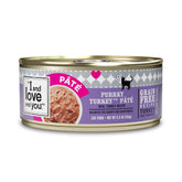 I AND LOVE AND YOU Purrky Turkey Pate cans show smooth texture for cats