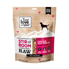 I AND LOVE AND YOU Stir and Boom bag front view shows grain-free, protein-rich formula.