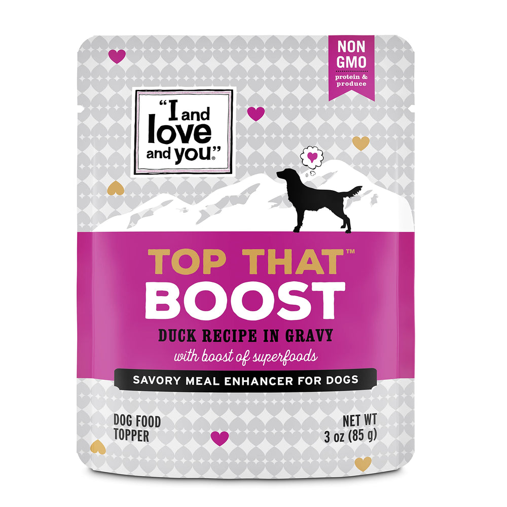 I and love and you Top That Boost pouch opened to reveal duck chunks for tasty feeding