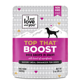 I and love and you Top That Boost pouch opened to reveal duck chunks for tasty feeding