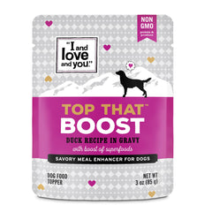 I and love and you Top That Boost pouch opened to reveal duck chunks for tasty feeding