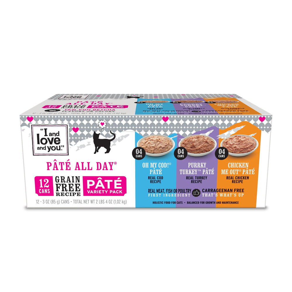 I and LOVE AND YOU variety pack cans show rotating flavors for cats.