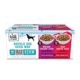 I and Love and You wet dog food variety pack display with beef and venison for tasty mealtimes