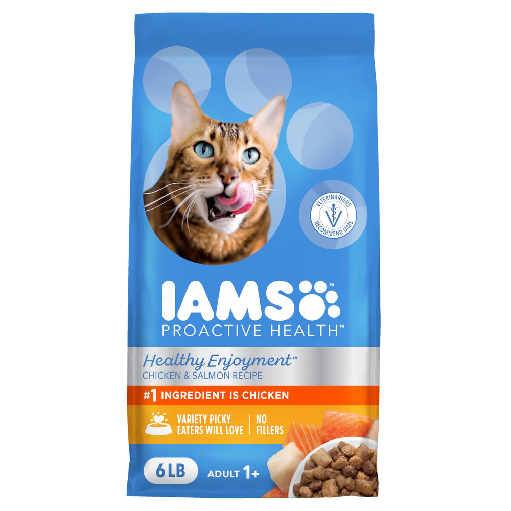 IAMS Healthy Enjoyment bowl with chicken and salmon kibble for a tasty feeding moment