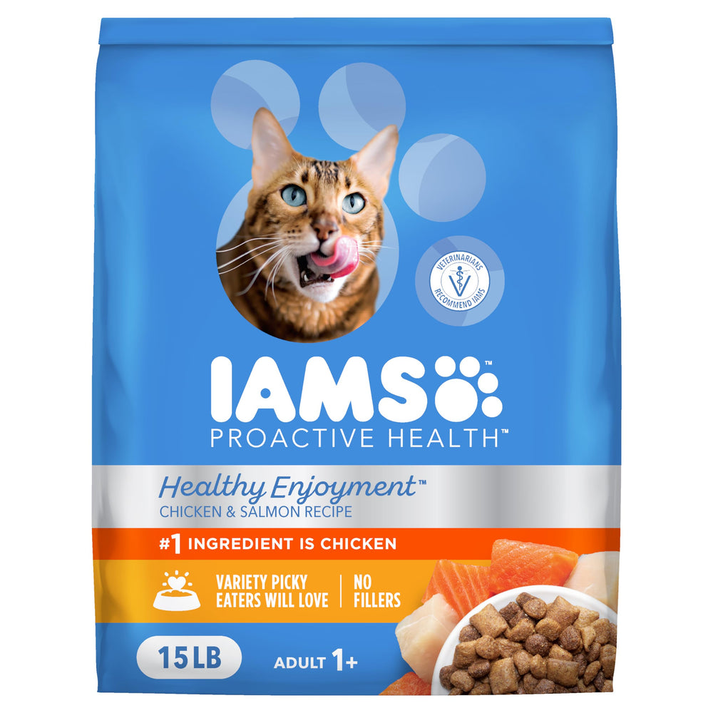 IAMS Healthy Enjoyment dry cat food bag with real chicken and salmon.