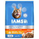IAMS Healthy Enjoyment dry cat food bag with real chicken and salmon.
