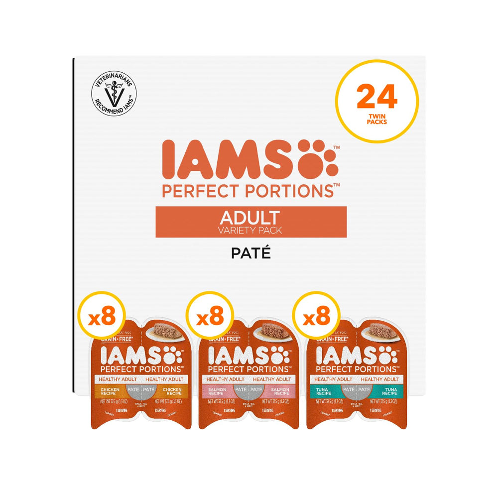 IAMS Perfect Portions indoor cat pate tray with two fresh meals ready to serve.