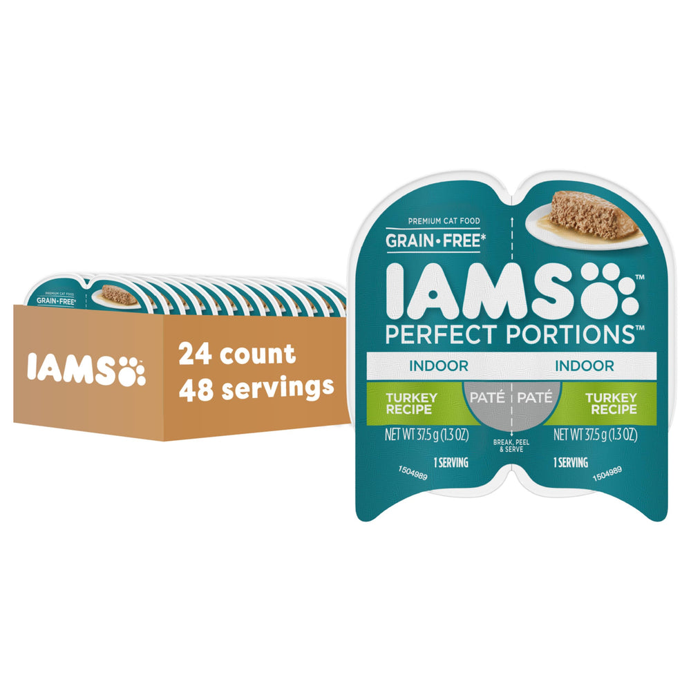 IAMS Perfect Portions Indoor Turkey Pate packaging showing twin-pack trays for easy portioning
