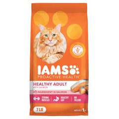 IAMS Proactive Health salmon dry cat food bag highlighting real salmon as the main ingredient for adult cats