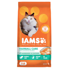 IAMS Proactive Health hairball care dry cat food in bowl; supports hairball reduction