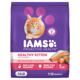 IAMS Proactive Health Kitten Salmon kibble close-up, highlighting salmon as first ingredient for growing kittens