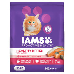 IAMS Proactive Health Kitten Salmon kibble close-up, highlighting salmon as first ingredient for growing kittens