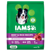 IAMS Proactive Health large-breed dry dog food bag highlighting real beef for balanced nutrition.