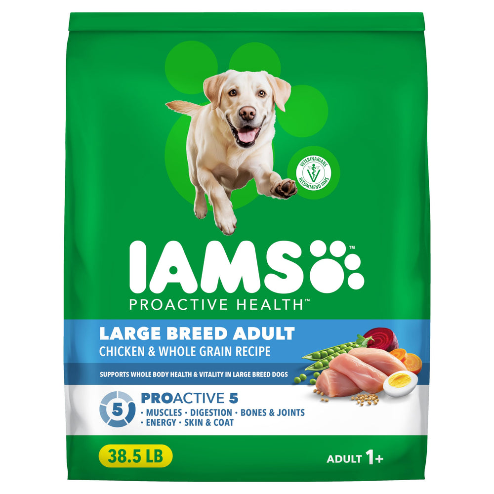 IAMS Proactive Health Large Breed Real Chicken bag highlighting premium protein for adult dogs.