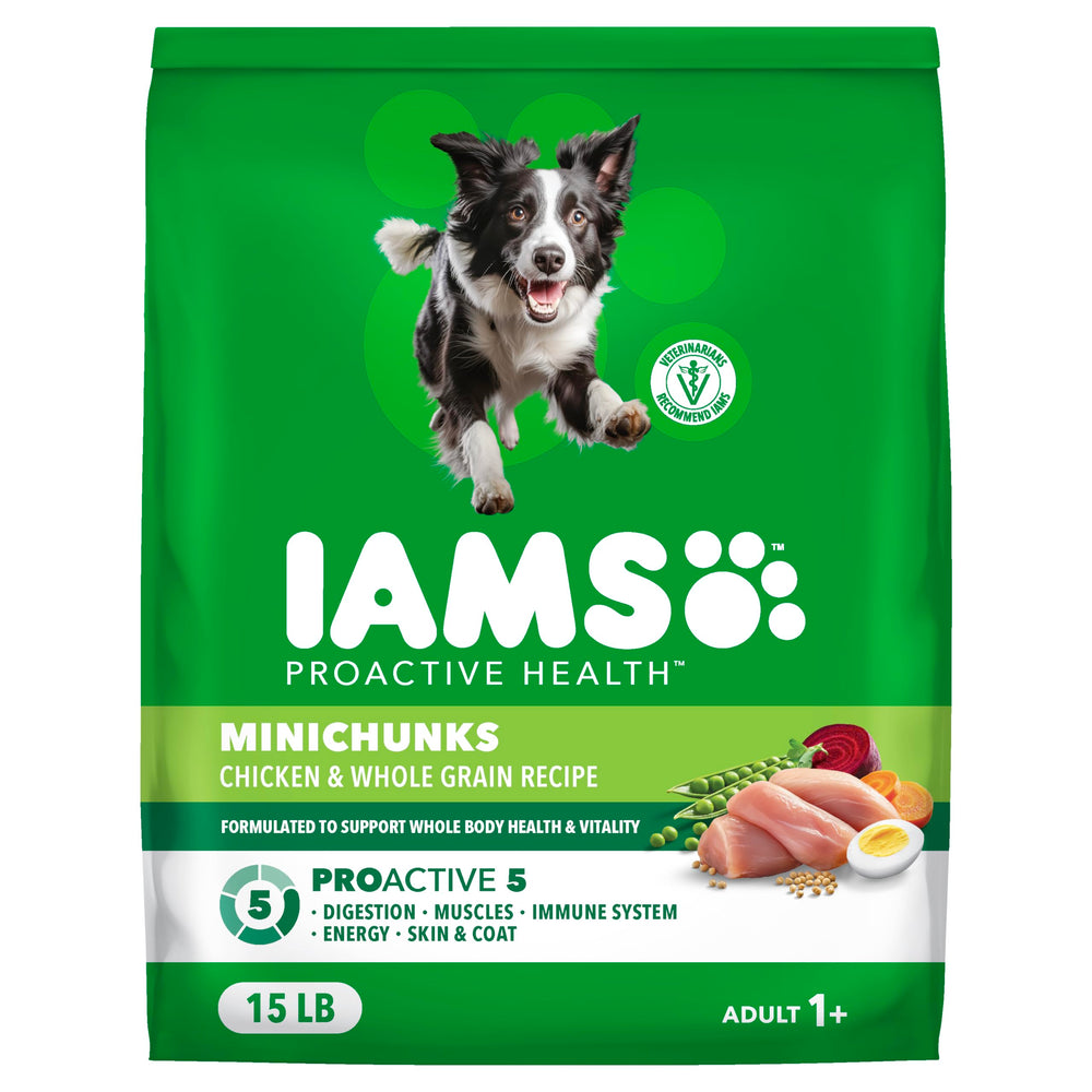 IAMS Proactive Health Minichunks bag label with real chicken as first ingredient.