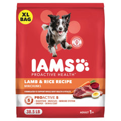 IAMS Proactive Health Minichunks Lamb & Rice bag showing wholesome kibble for balanced daily nutrition
