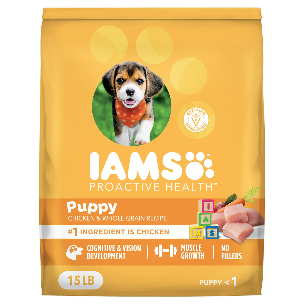 IAMS Proactive Health puppy kibble in a bowl promoting balanced meals for puppies.