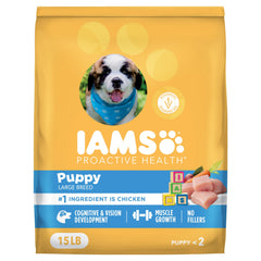 IAMS Proactive Health Puppy Large Breed kibble with real chicken for growing dogs.