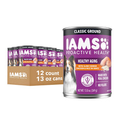 IAMS Proactive Health senior wet dog food can closeup highlights real chicken for seniors.