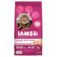 IAMS Proactive Health urinary cat food bag front—7 lb bag supporting indoor cats' daily routine.