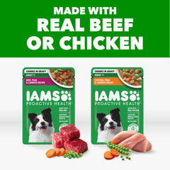 Real chicken pieces in IAMS Proactive Health pouch supporting protein needs.