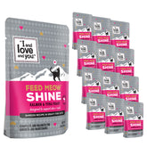 I AND LOVE AND YOU Feed Meow Shine salmon-tuna shredded meat in gravy for a savory meal.