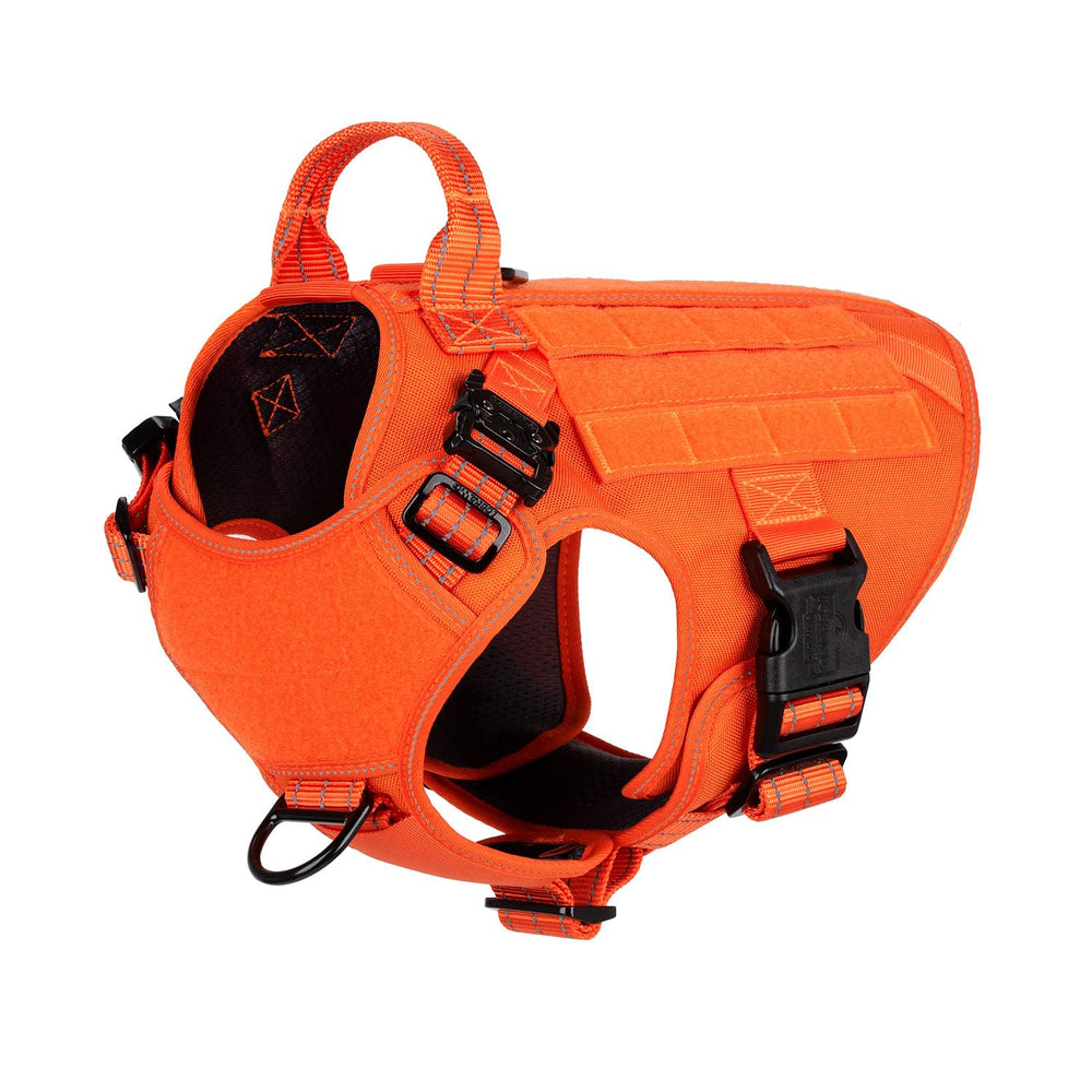 ICEFANG Tactical Dog Harness orange front view emphasizes sturdy metal buckles for secure daily walks.