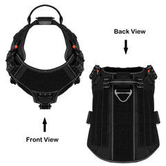 ICEFANG Tactical Dog Harness XL back view highlighting patch panels on the chest and sides.