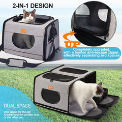 ICREATE.X large cat carrier interior with litter box in use for travel.