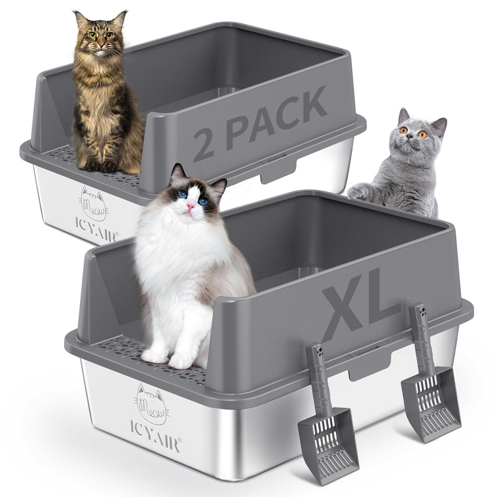 ICYAIR 2pack XL stainless steel litter boxes offer roomy space for big cats.