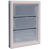 Ideal Pet Products Air Seal pet door with telescoping frame shown in doorway for adjustable fit.