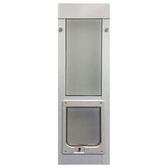 Ideal Pet Products aluminum vertical sash door seen from the side for quick pet access.