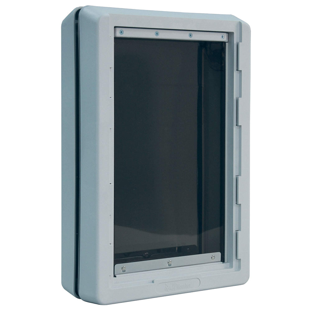 Ideal Pet Products Ruff-Weather door with telescoping frame demonstrates adjustable fit for various door thicknesses.