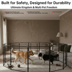 IGOOUO dog playpen easy-assembly gravity-lock demonstrates tool-free setup.
