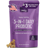 iHeartDogs 3-in-1 probiotic bottle with pumpkin chews supporting digestion and gut balance.
