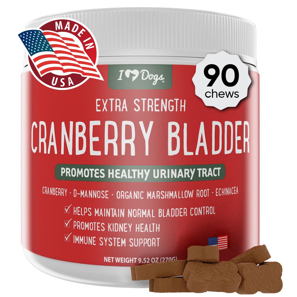 iHeartDogs cranberry-d-mannose urinary support bottle promotes canine urinary health.