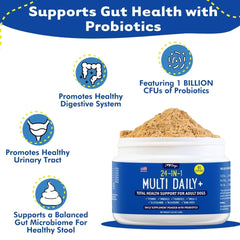 iHeartDogs organic mushroom blend powder jar supports immune wellness.