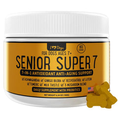 iHeartDogs Senior Super 7 bottle front showing the 7-in-1 formula for aging dogs.