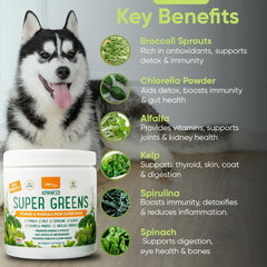 iHeartDogs Super Greens powder being poured over kibble for easy daily use.