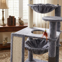 Ikviier cat tree shows a scratch ladder for safe scratching and play.