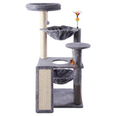 Ikviier multi-level cat tree in indoor gray, designed for height and exploration.