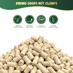 IMMCUTE pellets with double-layer litter box compatibility reminder.