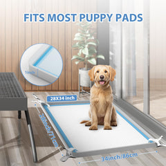 IMMCUTE pee pad holder on large pads demonstrates compatibility with up to 28 by 34 inches.